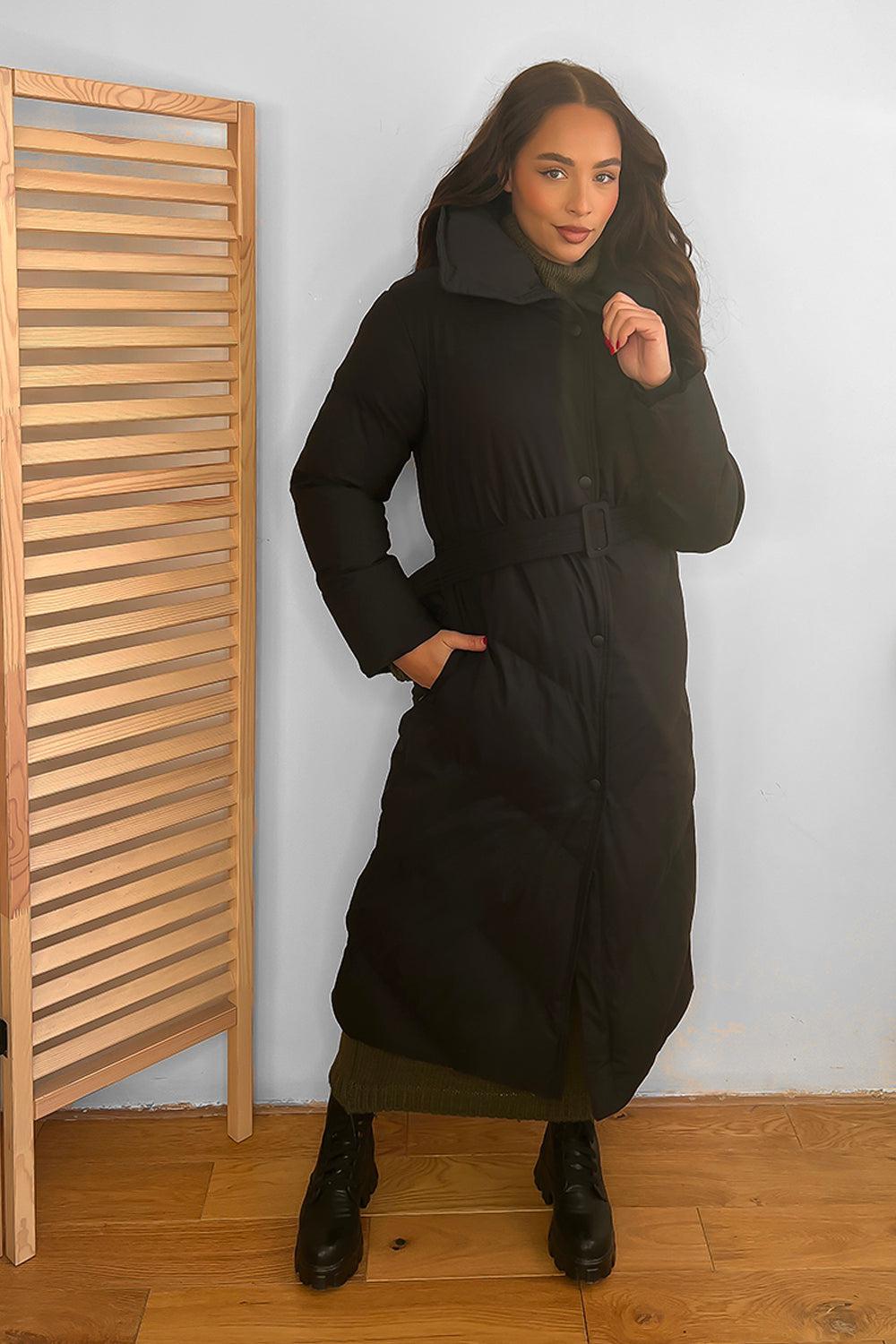 High Neck Belted Midi Puffer Jacket-SinglePrice