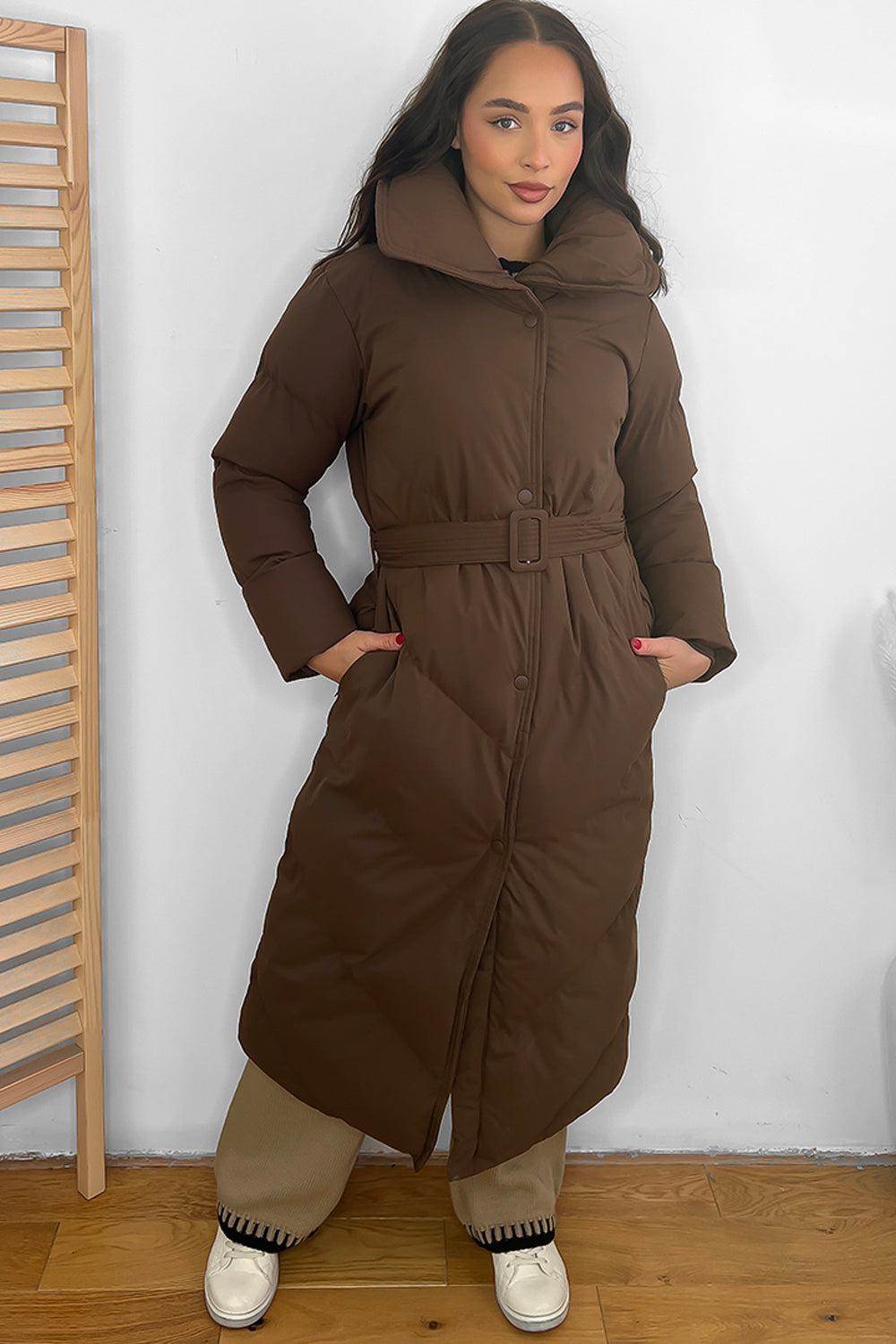 High Neck Belted Midi Puffer Jacket-SinglePrice