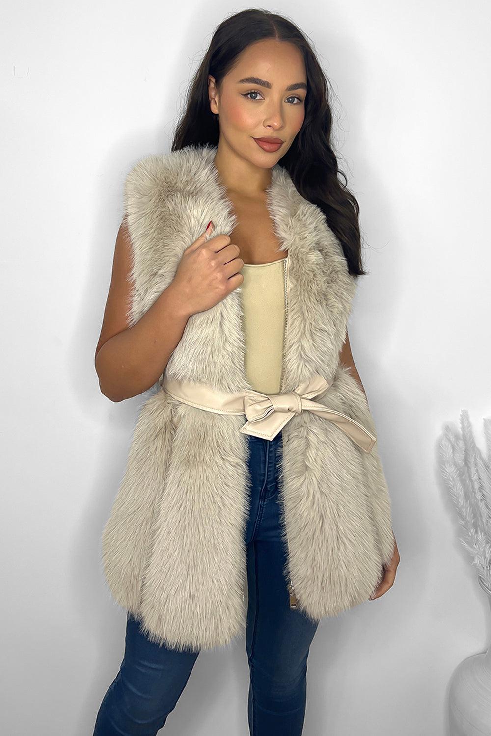 Faux Fur Gilet Belted Style Sleeveless Jacket-SinglePrice