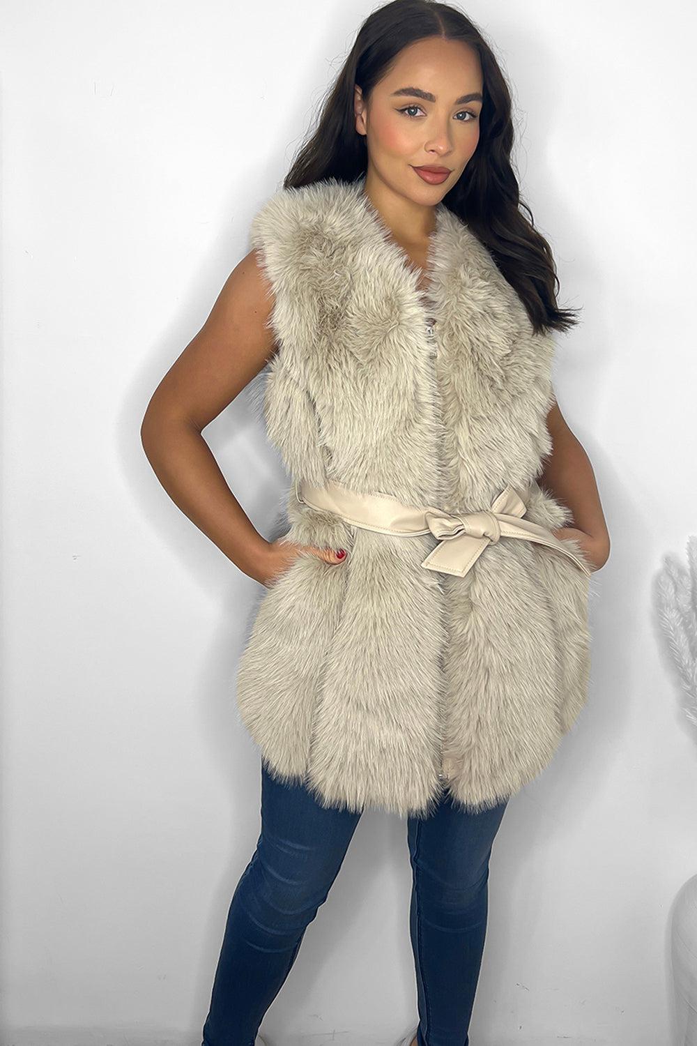 Faux Fur Gilet Belted Style Sleeveless Jacket-SinglePrice