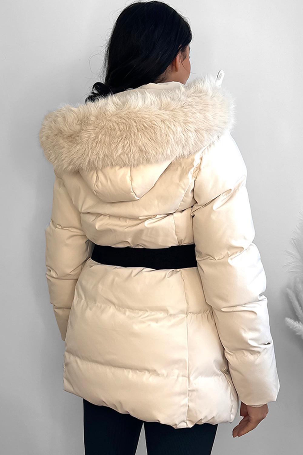 Faux Fur Hood Bag Belt Winter Jacket-SinglePrice