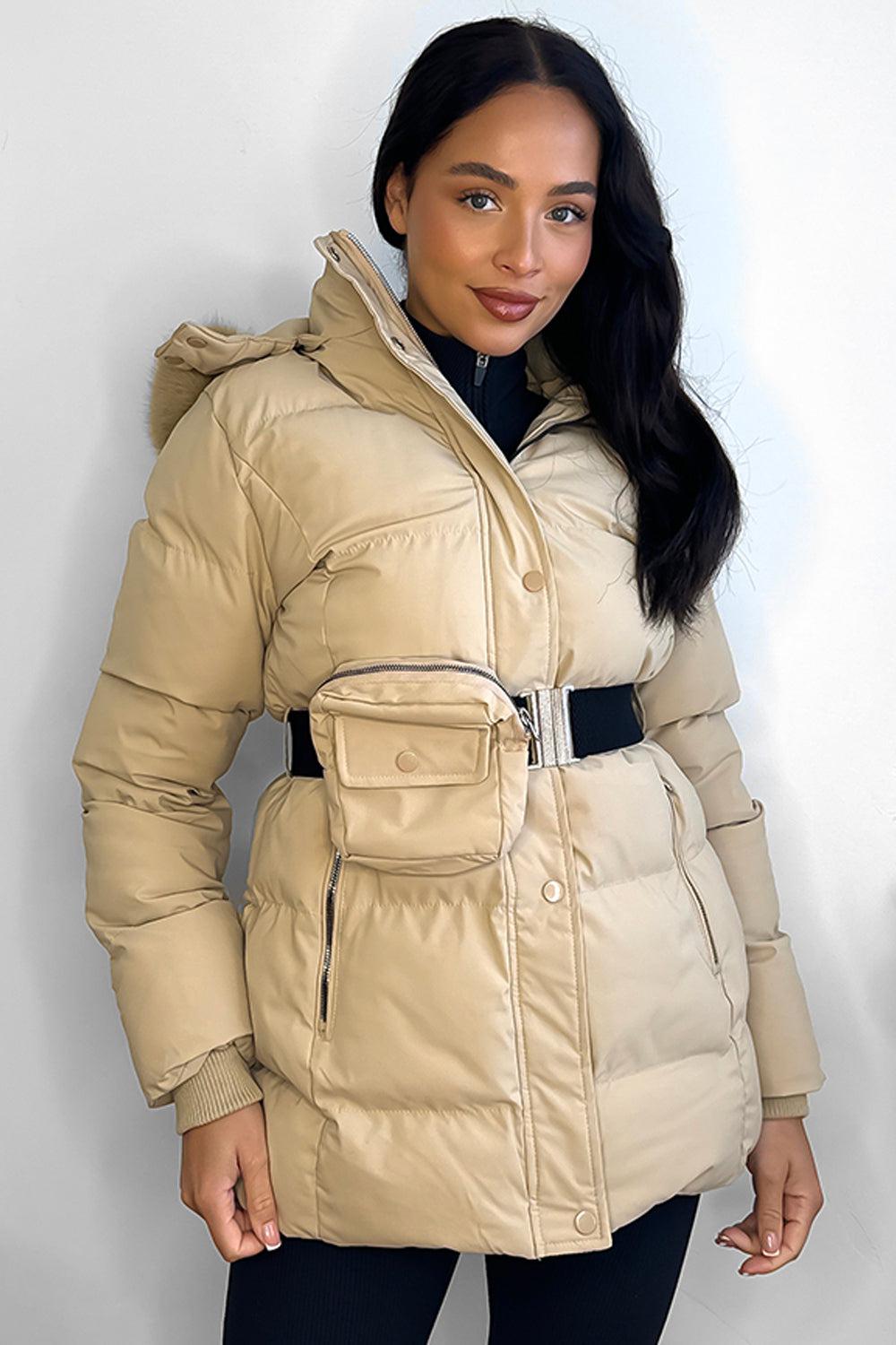 Faux Fur Hood Bag Belt Winter Jacket-SinglePrice