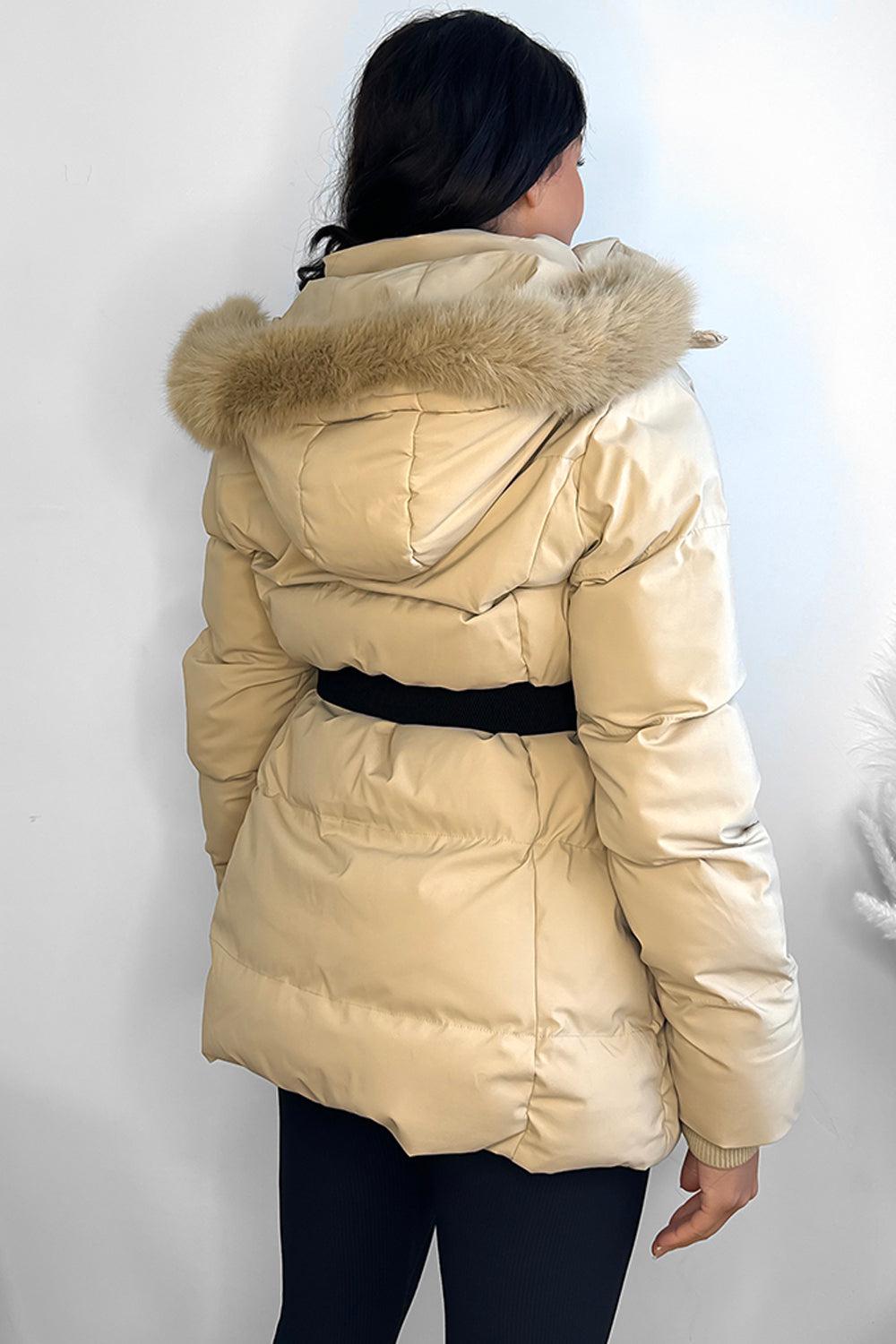 Faux Fur Hood Bag Belt Winter Jacket-SinglePrice