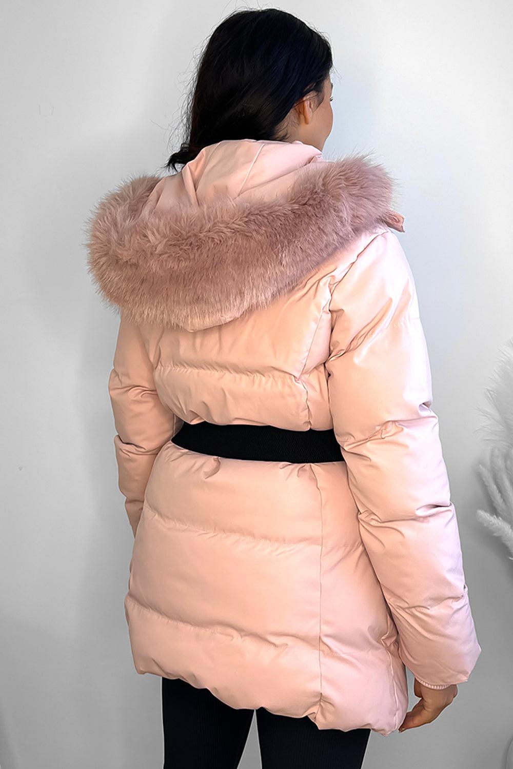 Faux Fur Hood Bag Belt Winter Jacket-SinglePrice