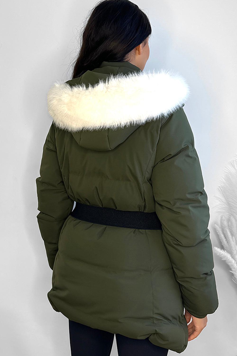 Faux Fur Hood Bag Belt Winter Jacket-SinglePrice