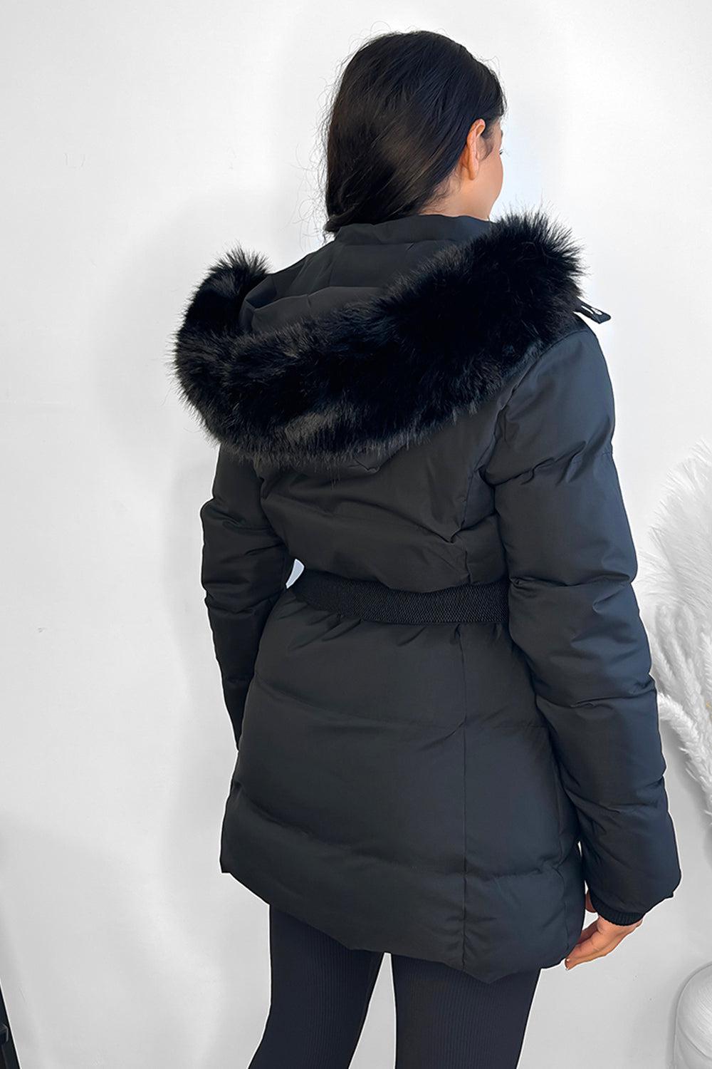 Faux Fur Hood Bag Belt Winter Jacket-SinglePrice