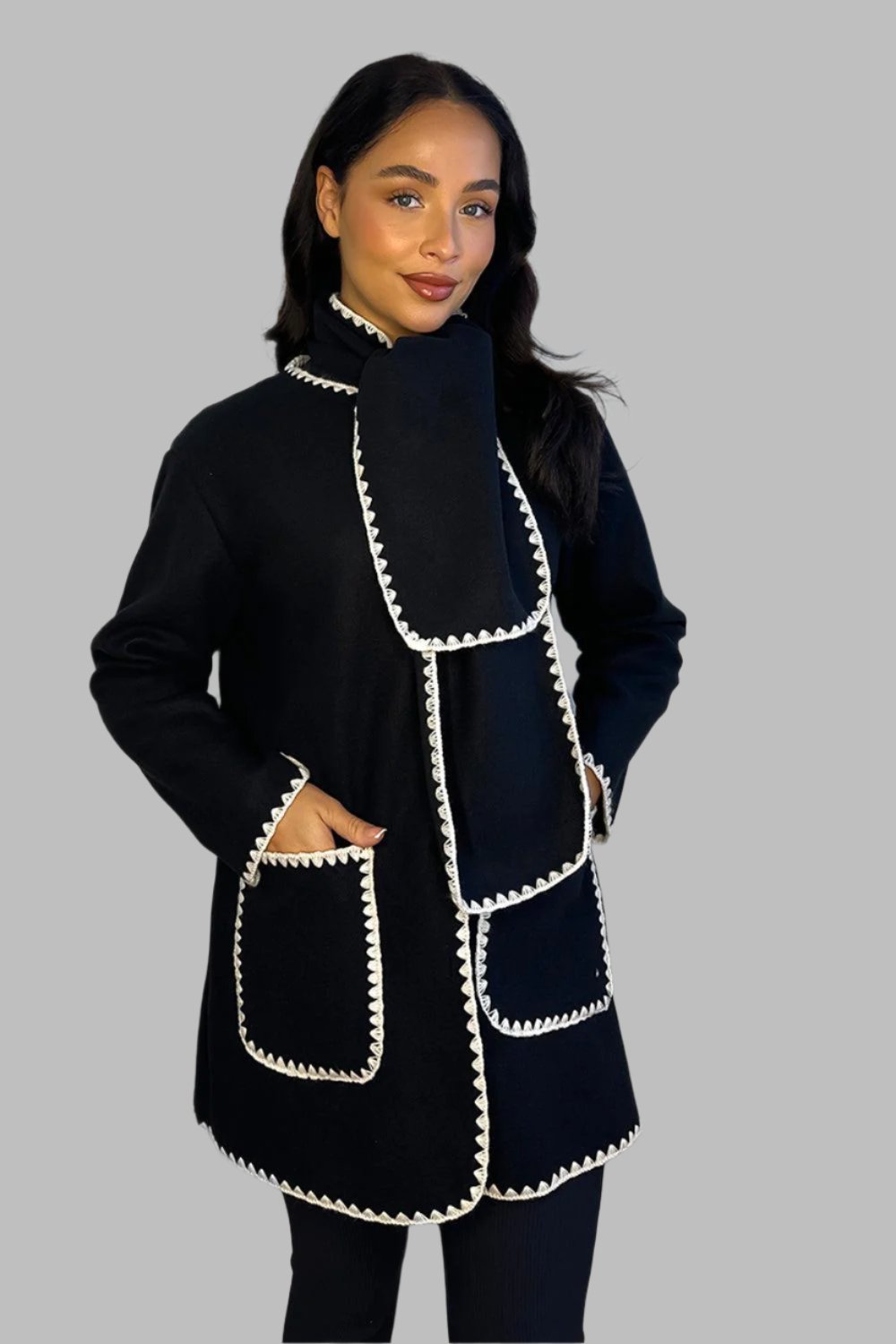 Contrast Stitch Single Breasted Coat And Scarf Set-SinglePrice