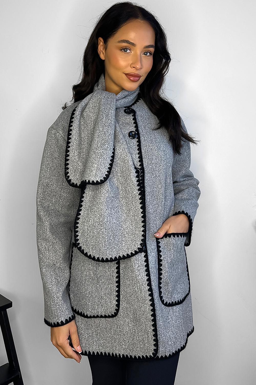 Contrast Stitch Single Breasted Coat And Scarf Set-SinglePrice