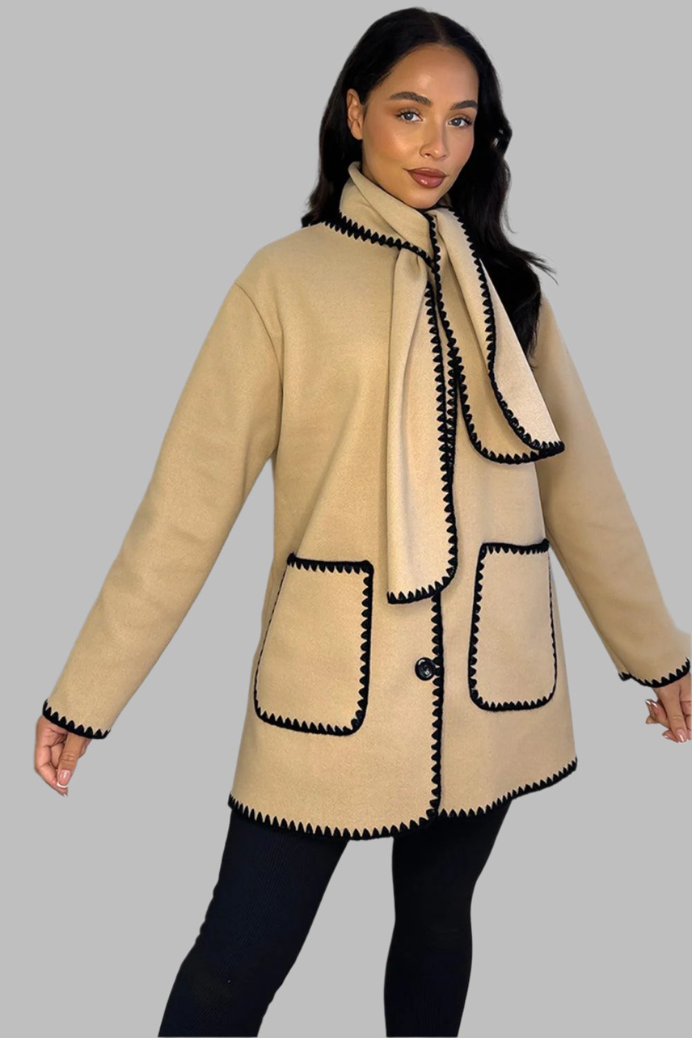 Contrast Stitch Single Breasted Coat And Scarf Set-SinglePrice