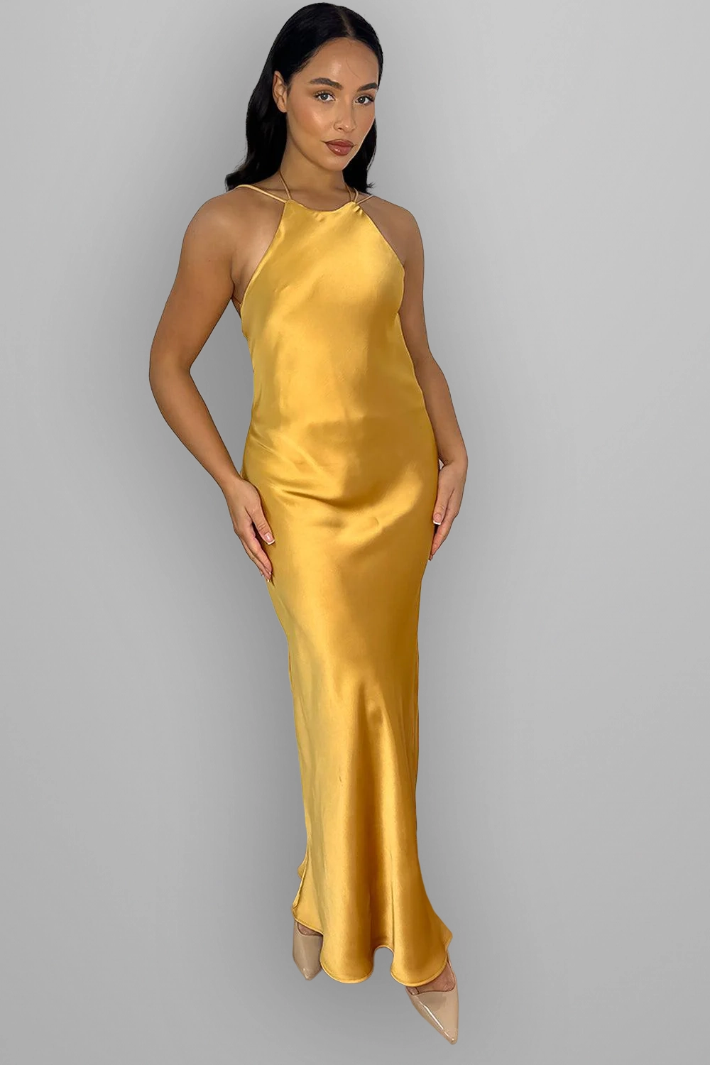 Mustard Strappy Open Back Maxi Evening Dress