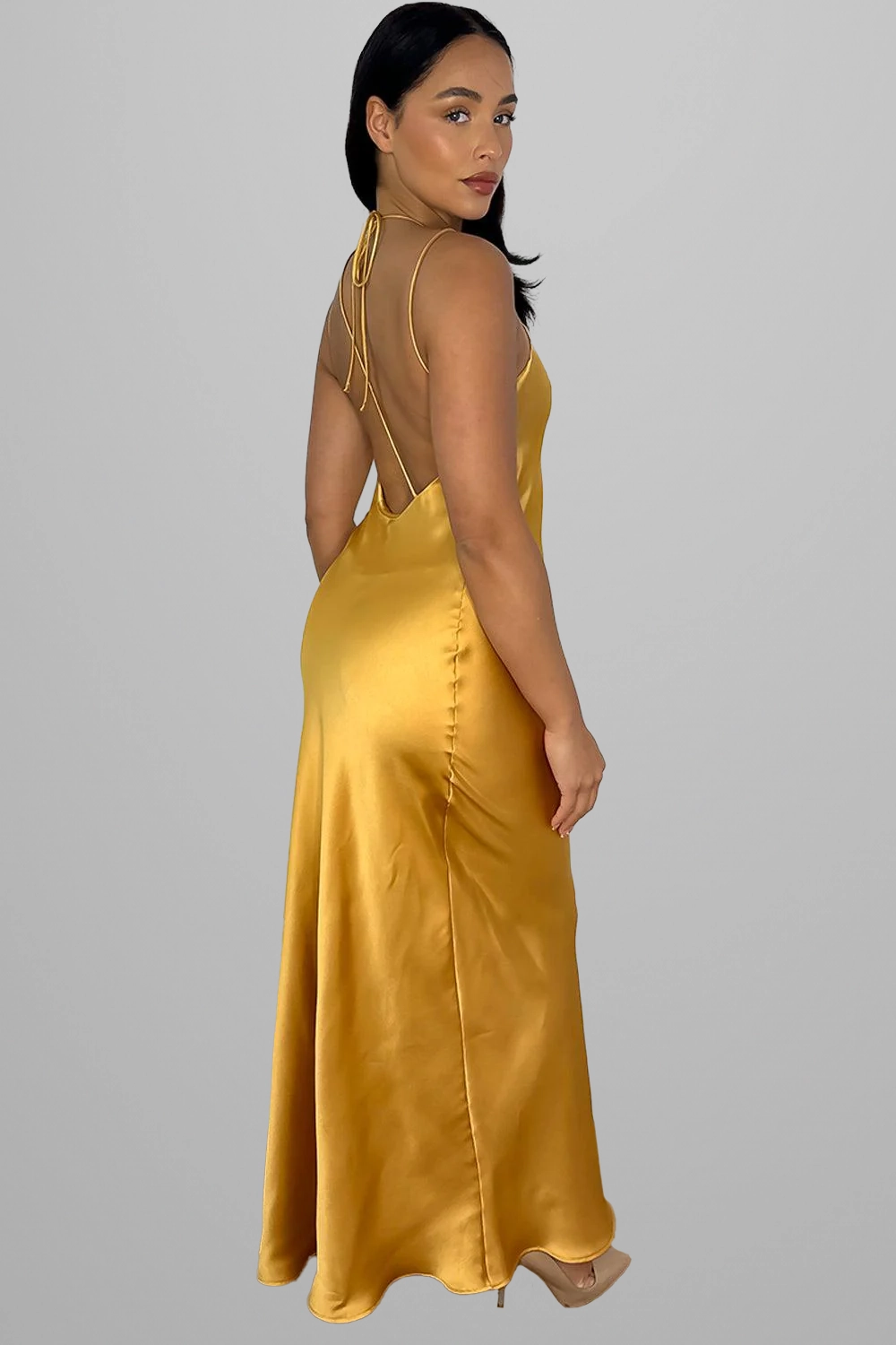 Mustard Strappy Open Back Maxi Evening Dress
