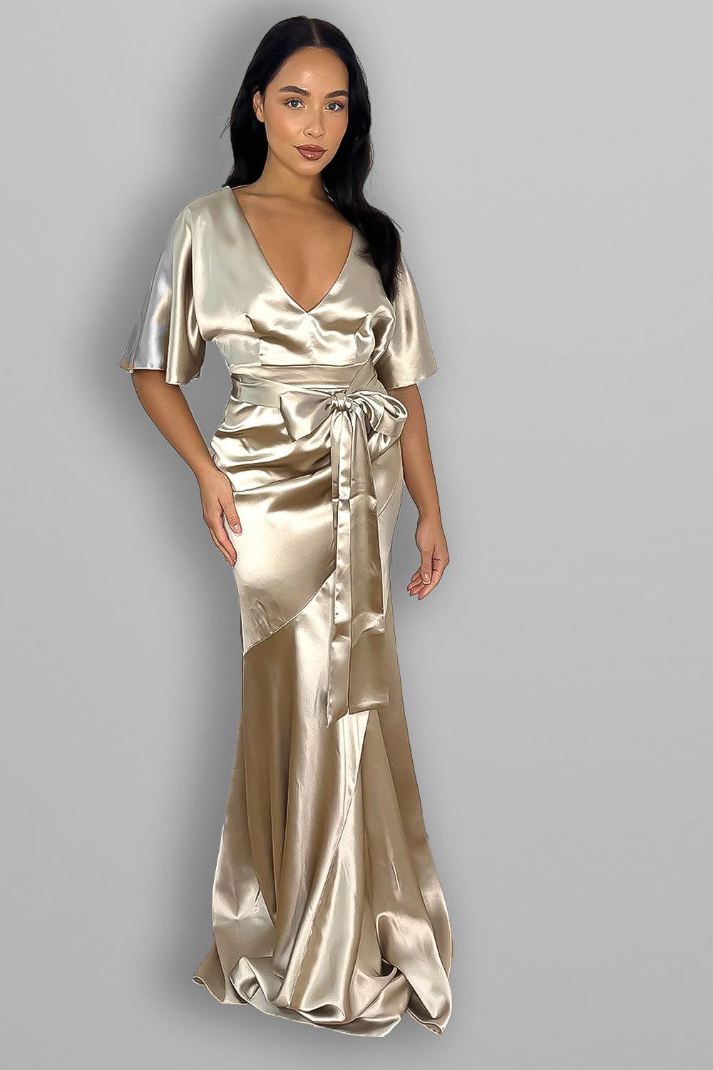Winged Sleeves Satin Tall Evening Dress-SinglePrice