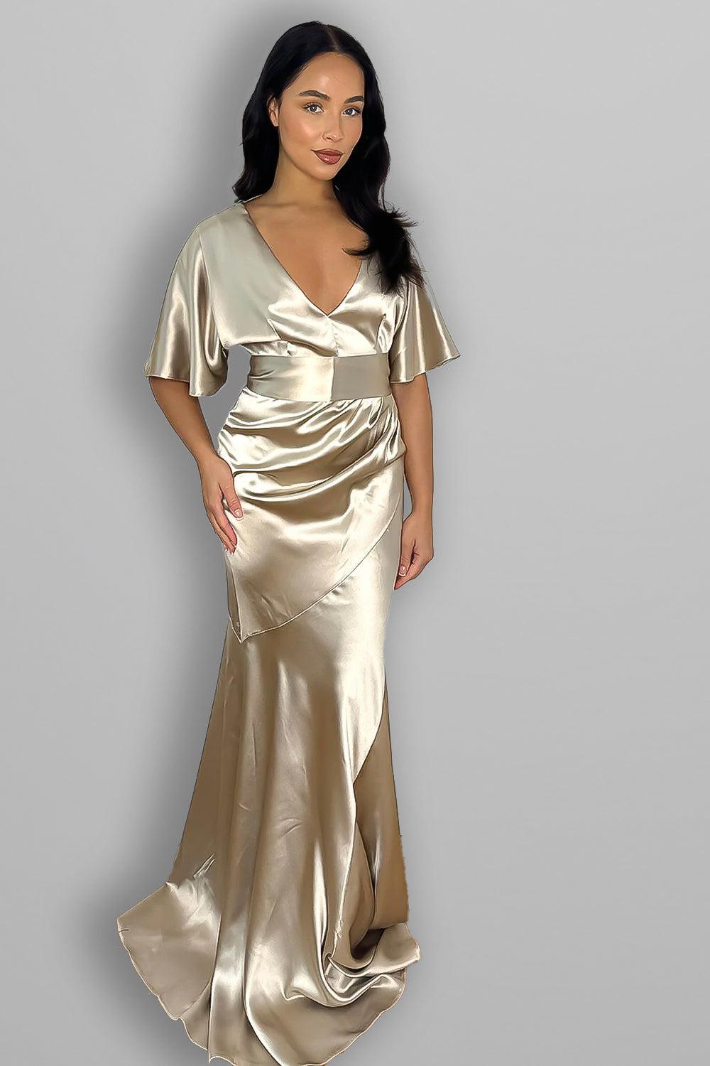 Winged Sleeves Satin Tall Evening Dress-SinglePrice