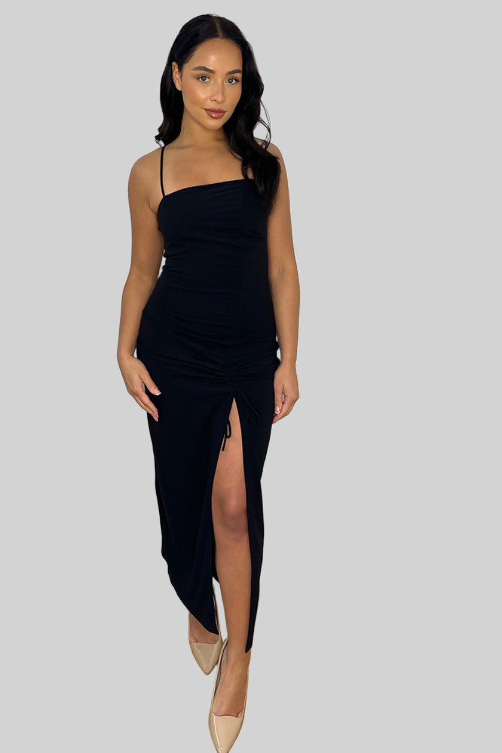 Black Spaghetti Straps Midi Slip Dress-SinglePrice