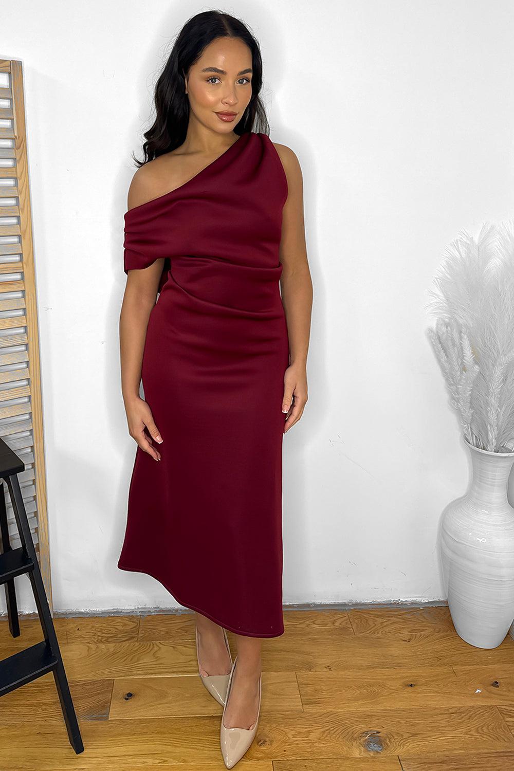 Maroon One Slouched Shoulder Midi Dress-SinglePrice