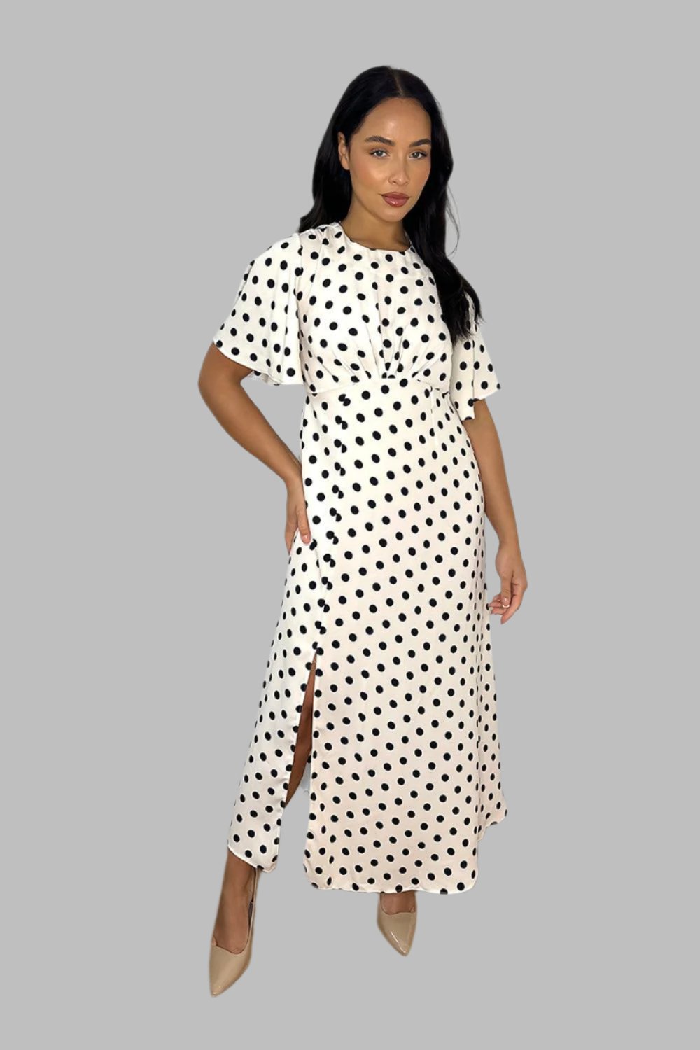 Beige Black Polka Dot Wing Sleeves Midi Dress-SinglePrice