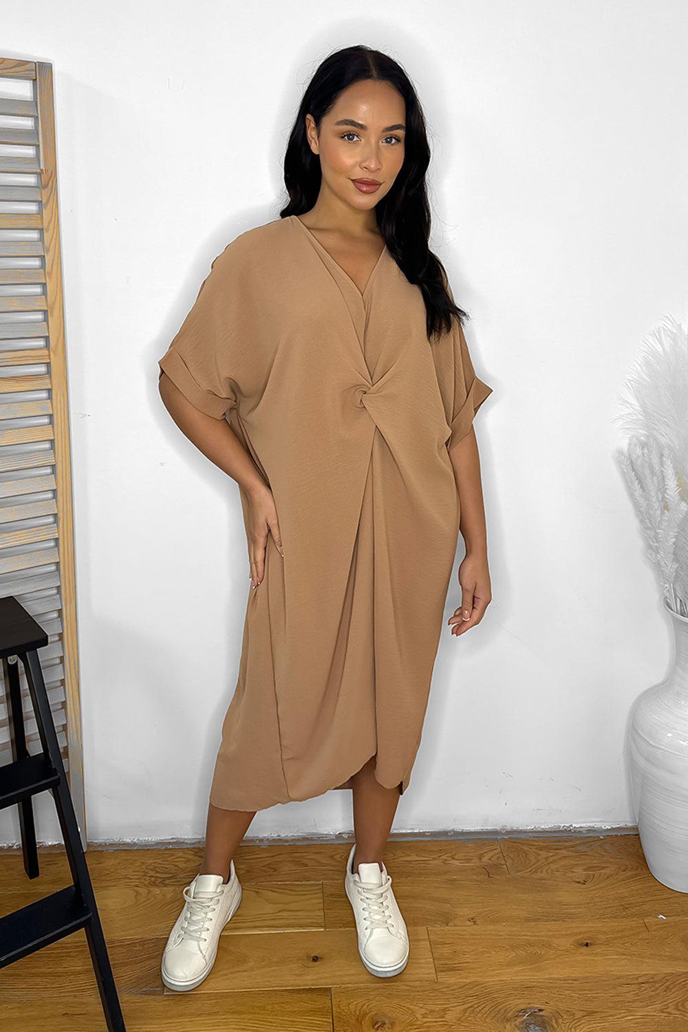 Twist Front Plunge Neckline Relaxed Fit Dress-SinglePrice