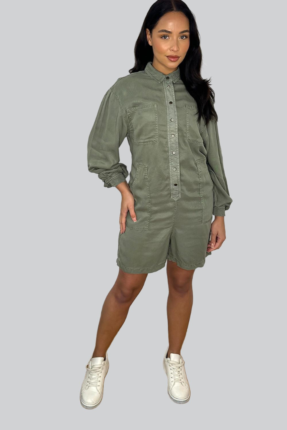 Khaki Button Down Denim Playsuit-SinglePrice