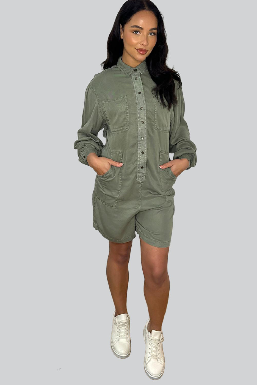 Khaki Button Down Denim Playsuit-SinglePrice