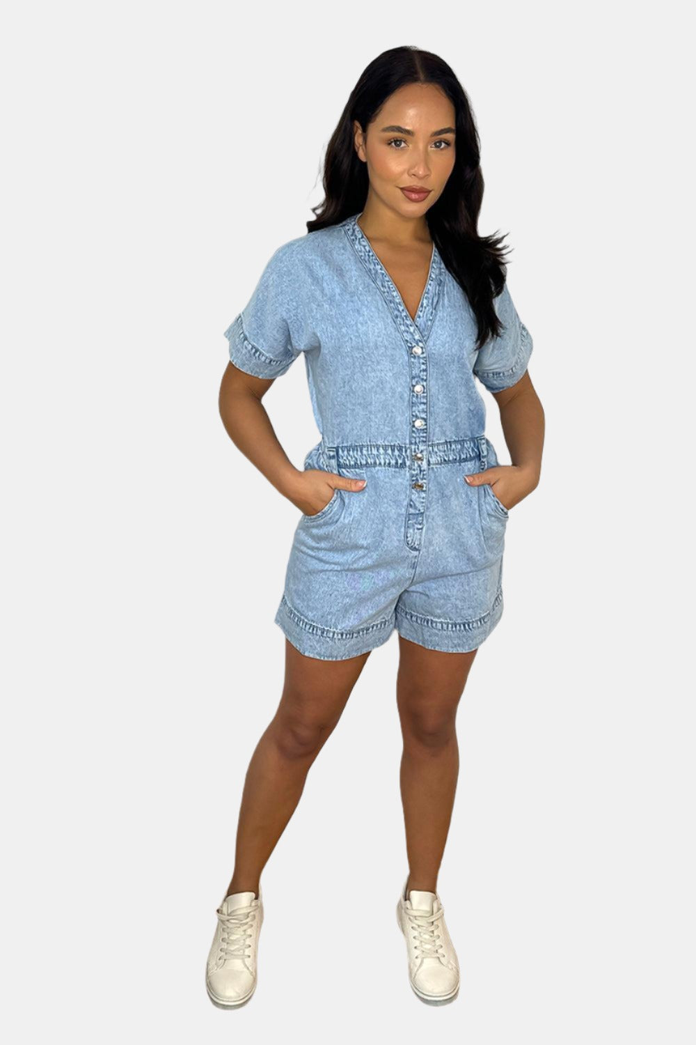 100% Cotton Sky Blue Denim Plunge Neckline Playsuit-SinglePrice