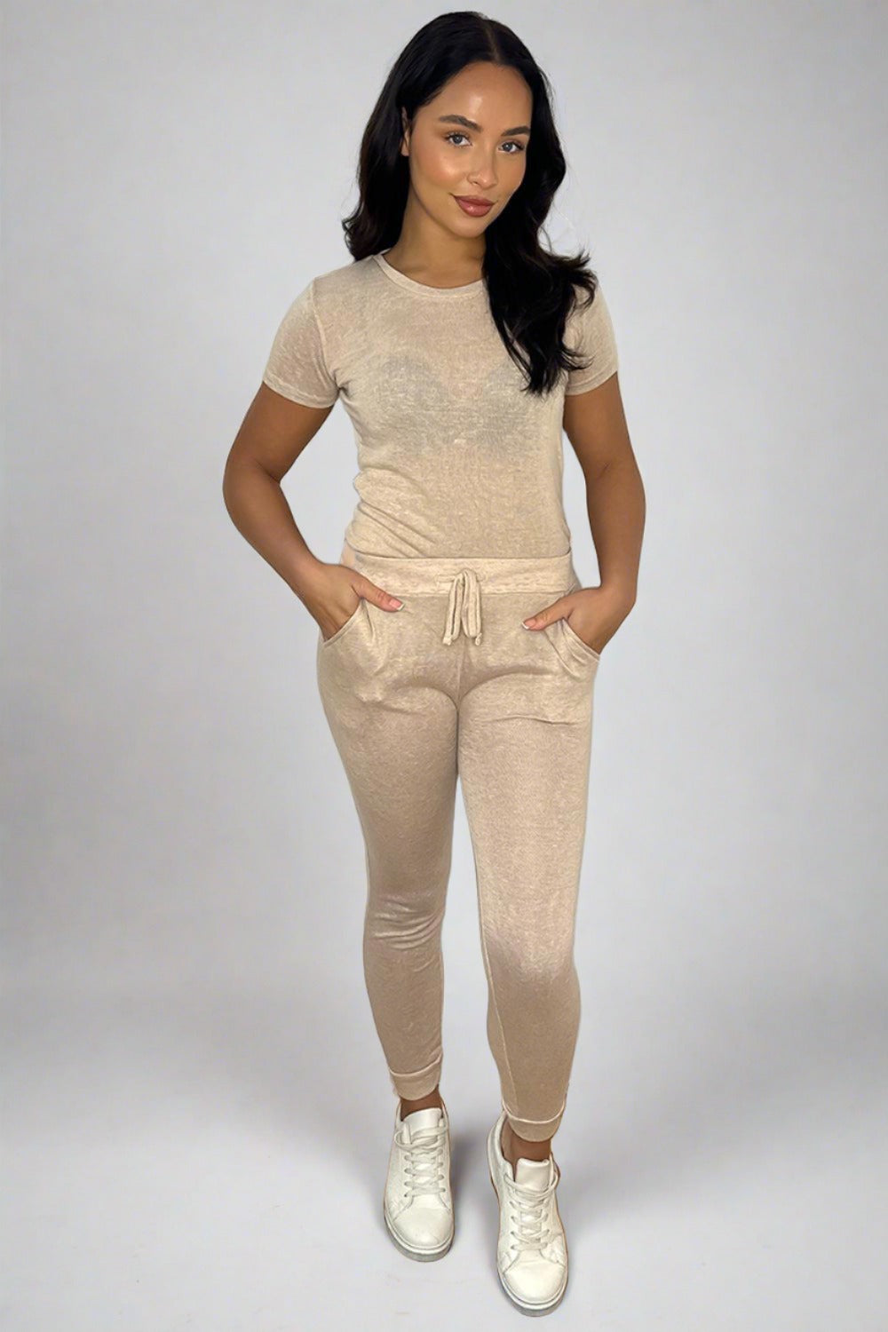 Beige Tee And Trousers Leisure Set-SinglePrice