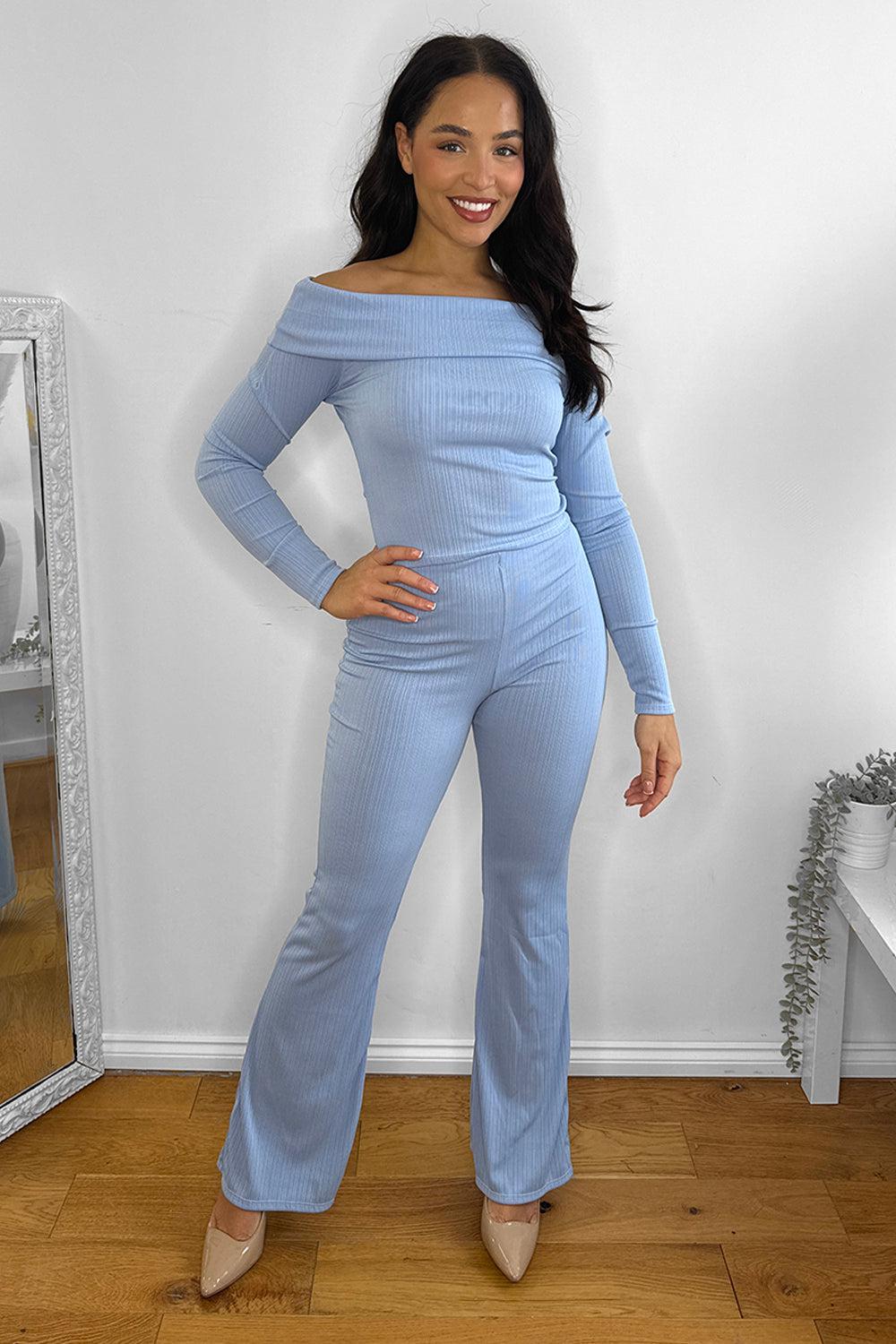 Bardot Neckline Ribbed Top And Trousers Set-SinglePrice