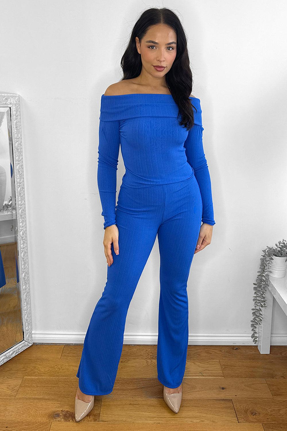 Bardot Neckline Ribbed Top And Trousers Set-SinglePrice