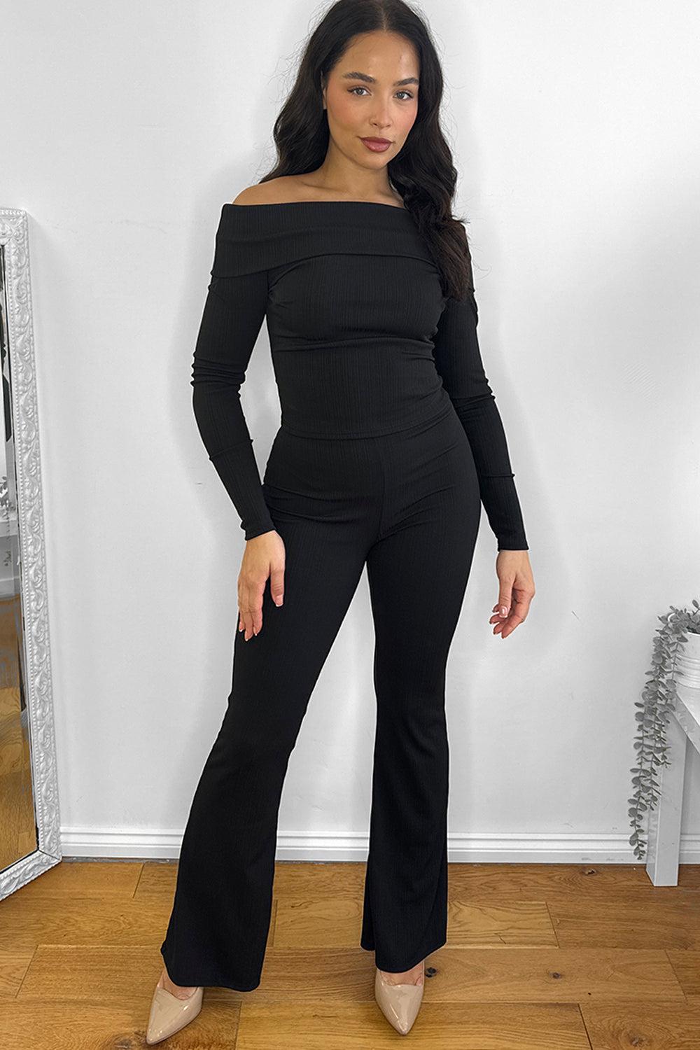 Bardot Neckline Ribbed Top And Trousers Set-SinglePrice