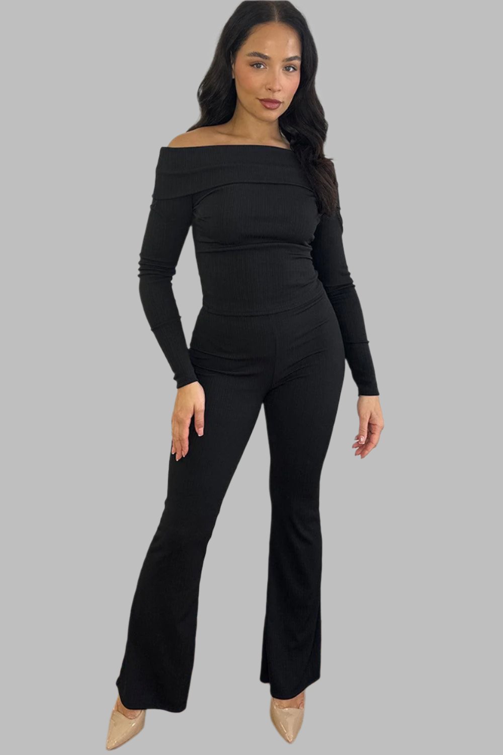 Bardot Neckline Ribbed Top And Trousers Set-SinglePrice