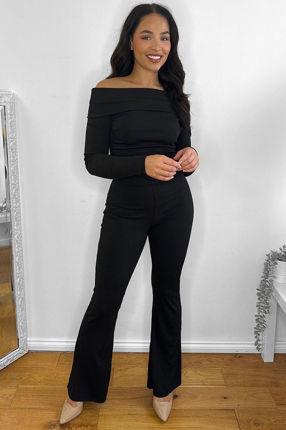 Bardot Neckline Ribbed Top And Trousers Set-SinglePrice