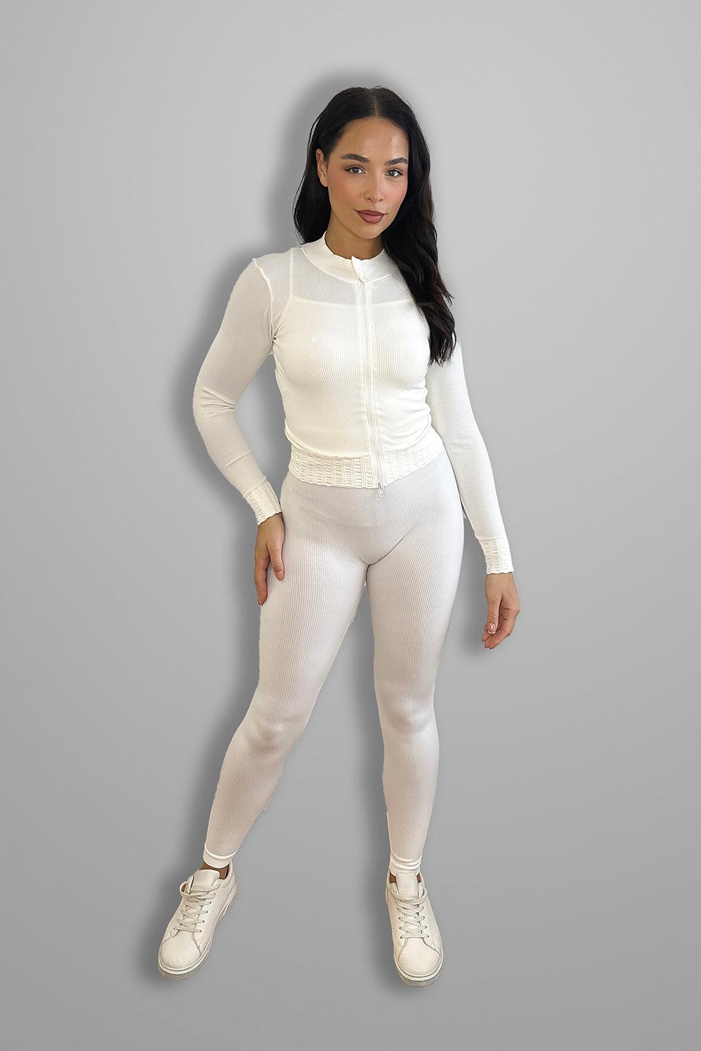 Double Zip Fastening Cropped Top And Leggings Ribbed 3 Piece Activewear Set
