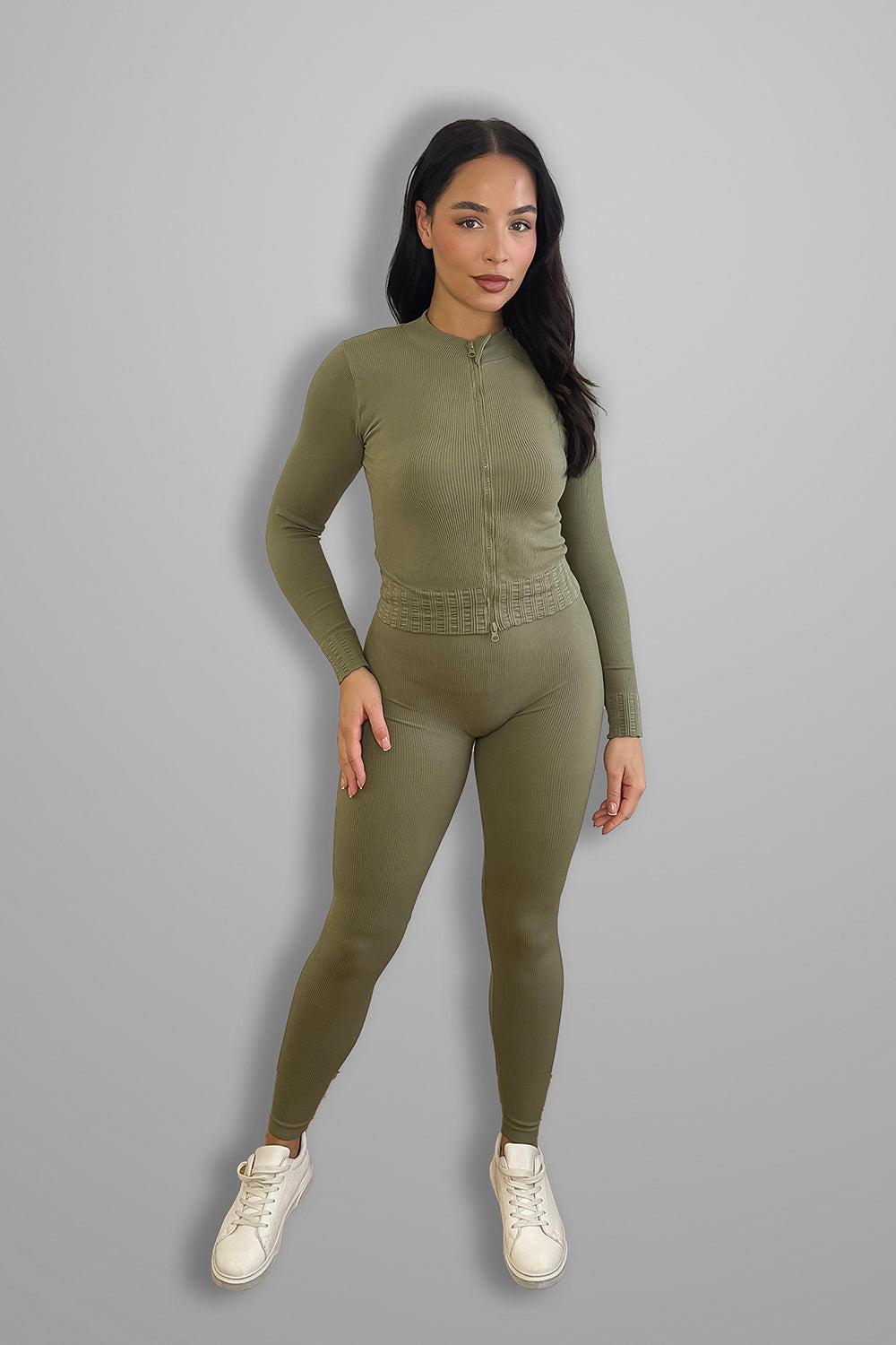 Double Zip Fastening Cropped Top And Leggings Ribbed 3 Piece Activewear Set