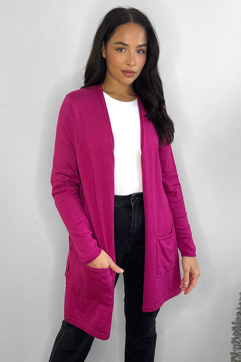 Fuchsia Open Pockets to Sides Open Front Cardigan-SinglePrice