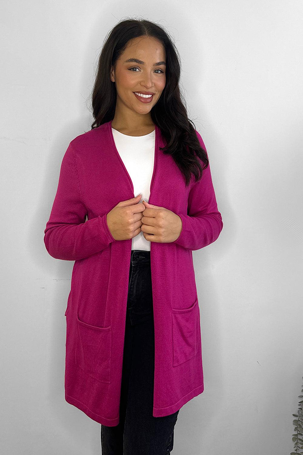 Fuchsia Open Pockets to Sides Open Front Cardigan-SinglePrice