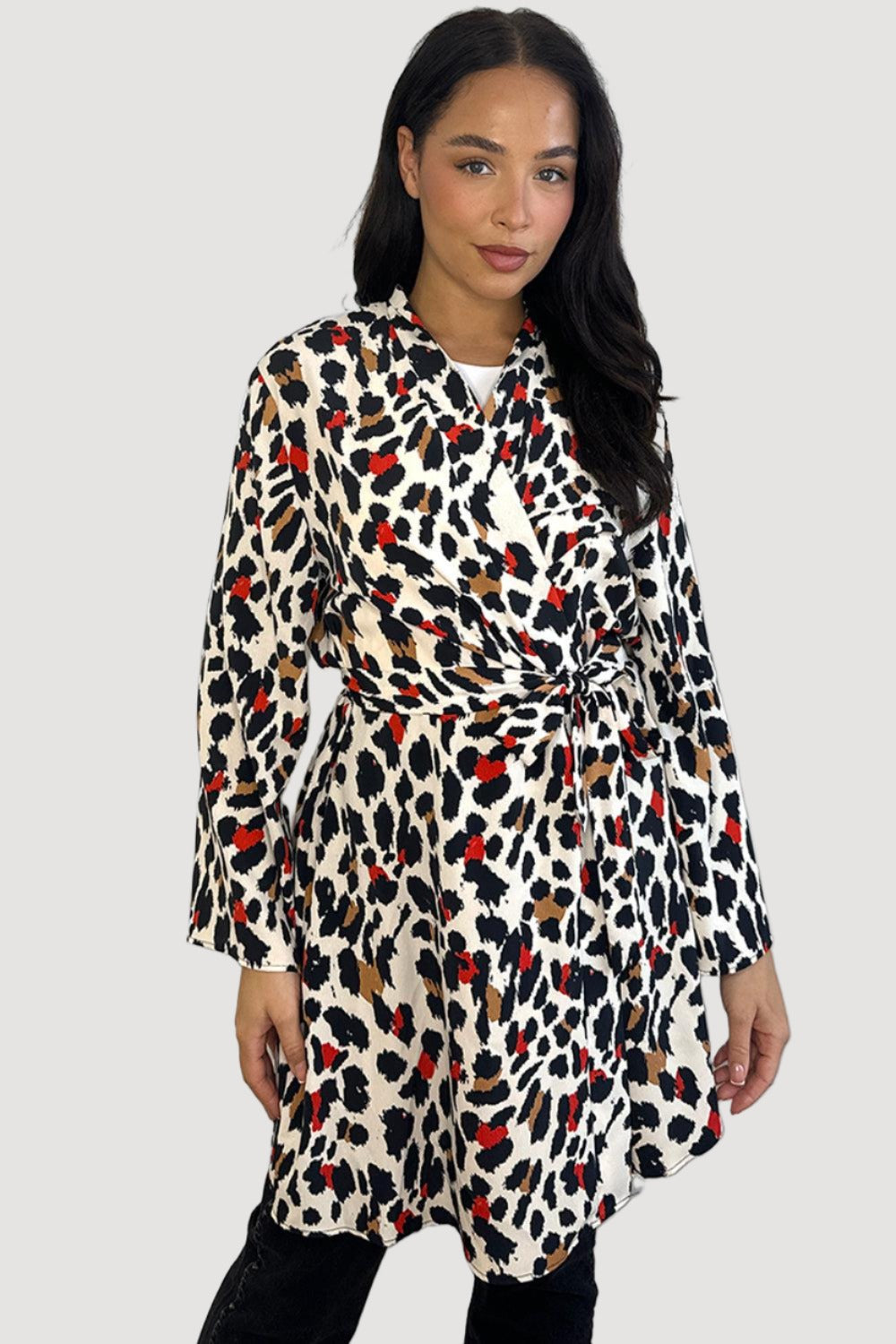 Neck Tie Orange Leopard Print Longline Shirt-SinglePrice