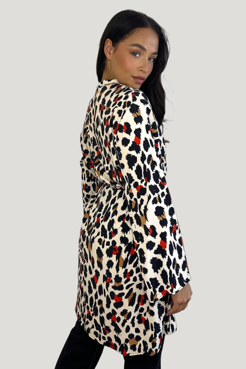 Neck Tie Orange Leopard Print Longline Shirt-SinglePrice