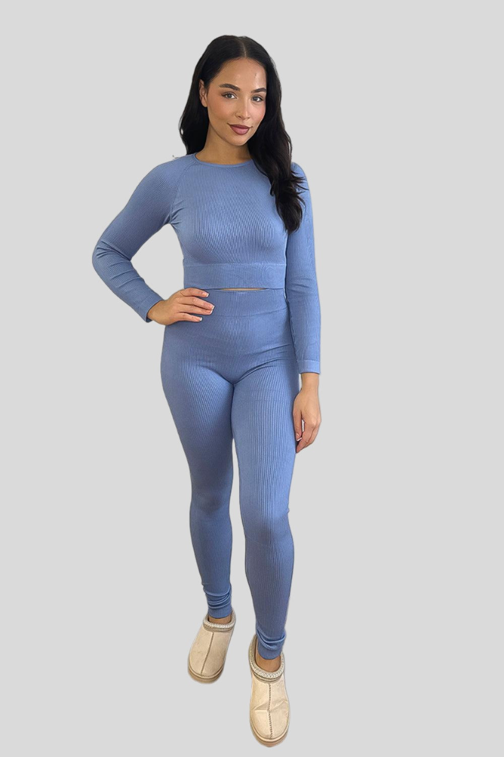 Stretchy Ribbed Long Sleeve Top and Leggings Activewear Set