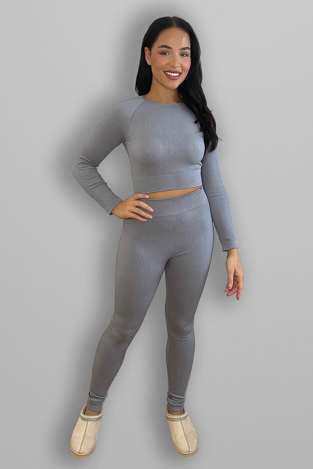 Stretchy Ribbed Long Sleeve Top and Leggings Activewear Set