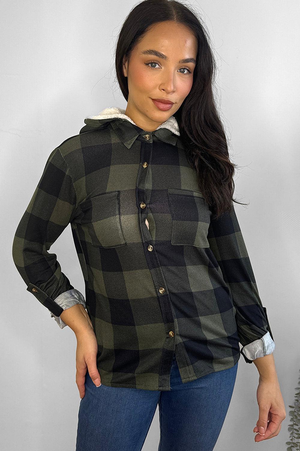 Faux Fur Lined Khaki Plaid Hoodie Shirt-SinglePrice