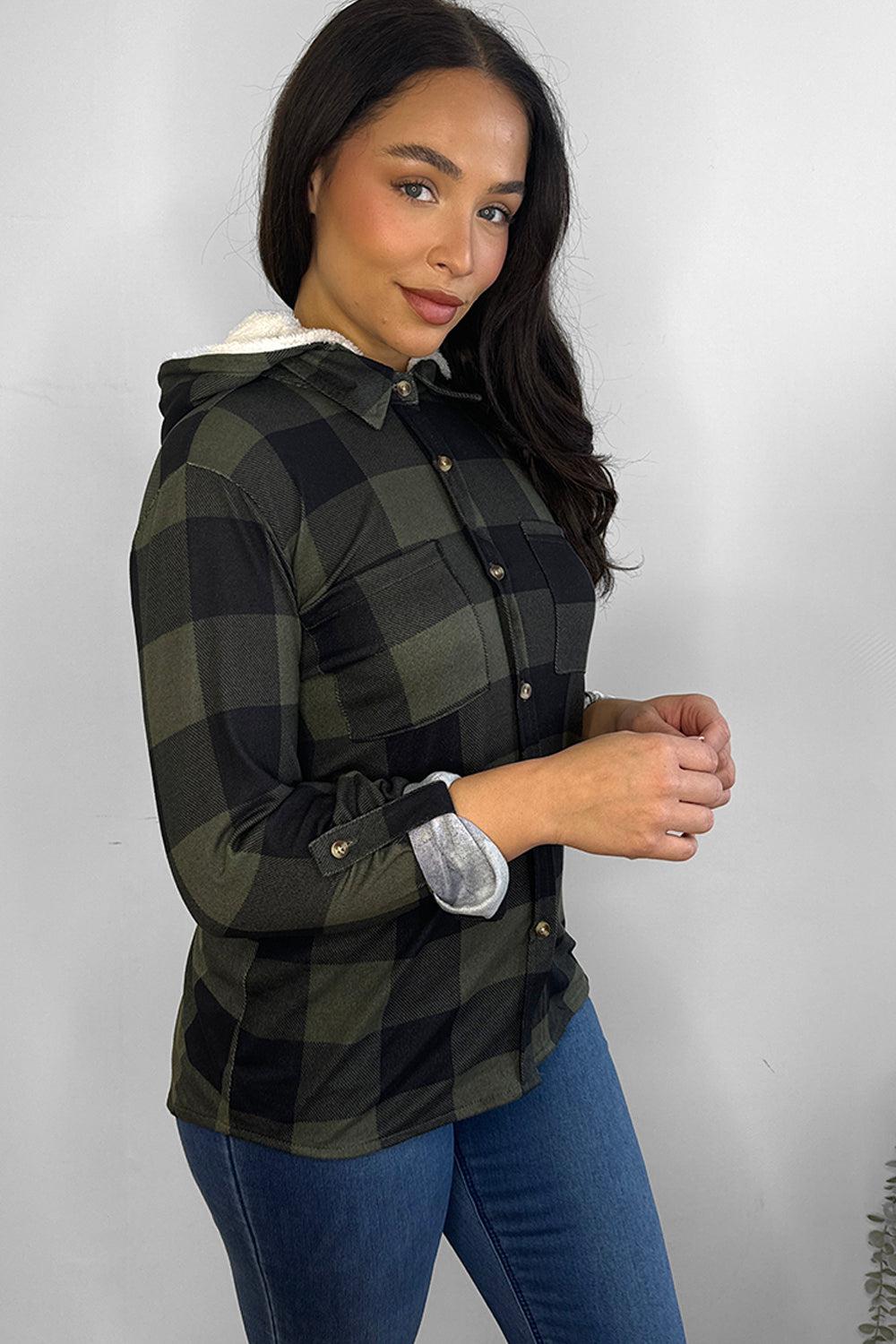 Faux Fur Lined Khaki Plaid Hoodie Shirt-SinglePrice