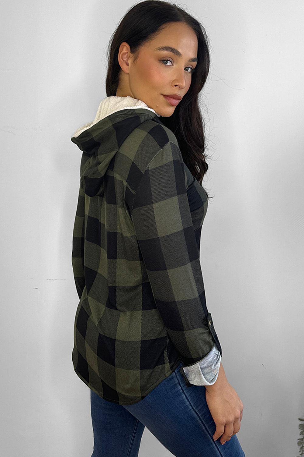 Faux Fur Lined Khaki Plaid Hoodie Shirt-SinglePrice