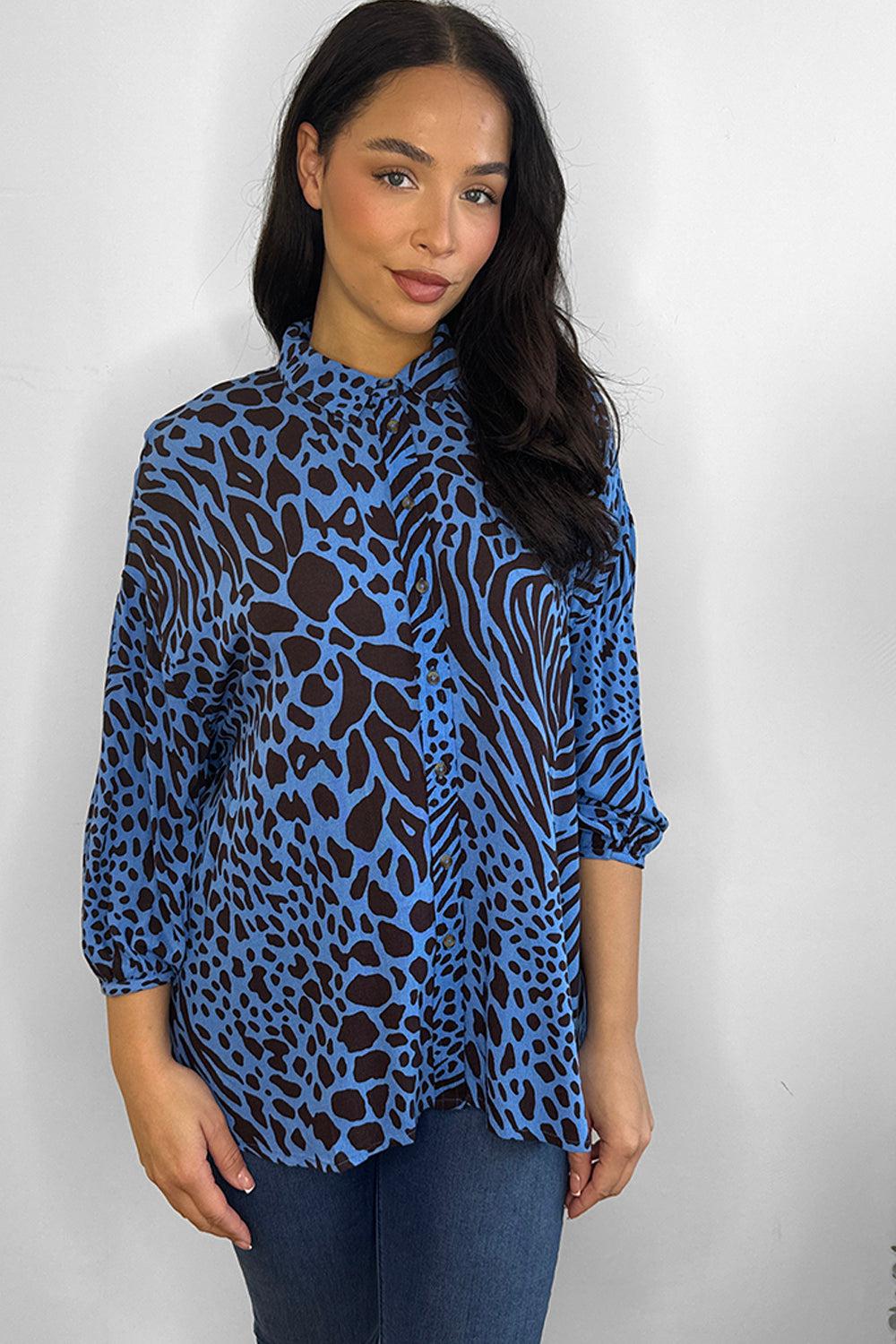 Royal Blue Mixed Animal Print Chiffon Shirt Blouse-SinglePrice