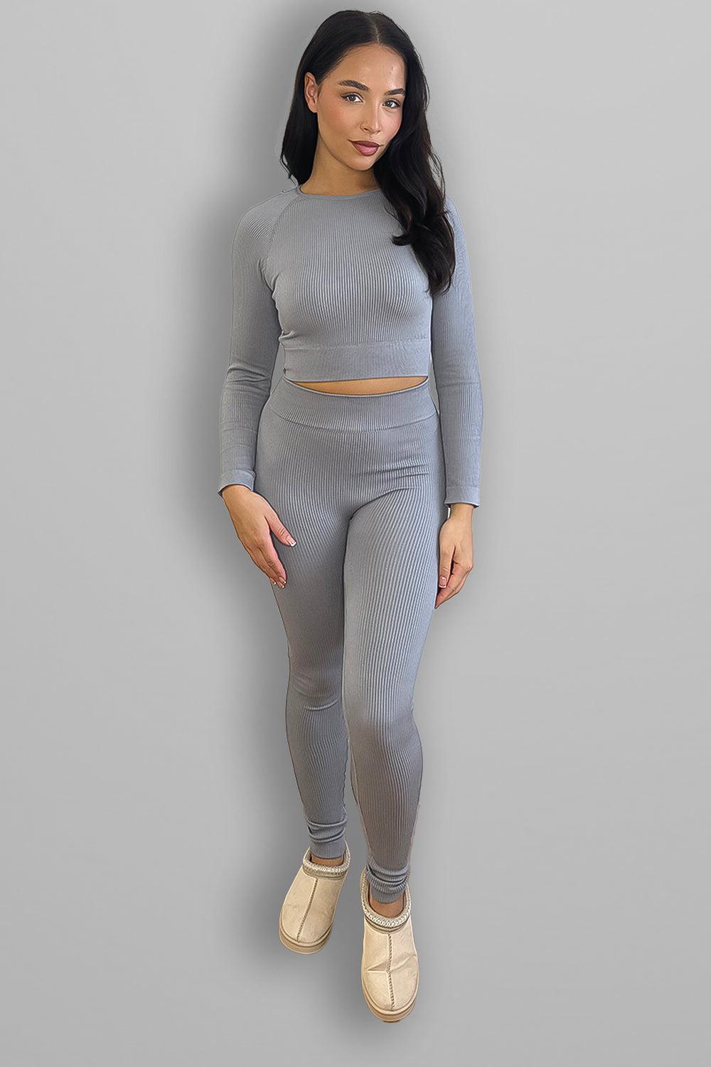 Stretchy Ribbed Long Sleeve Top and Leggings Activewear Set