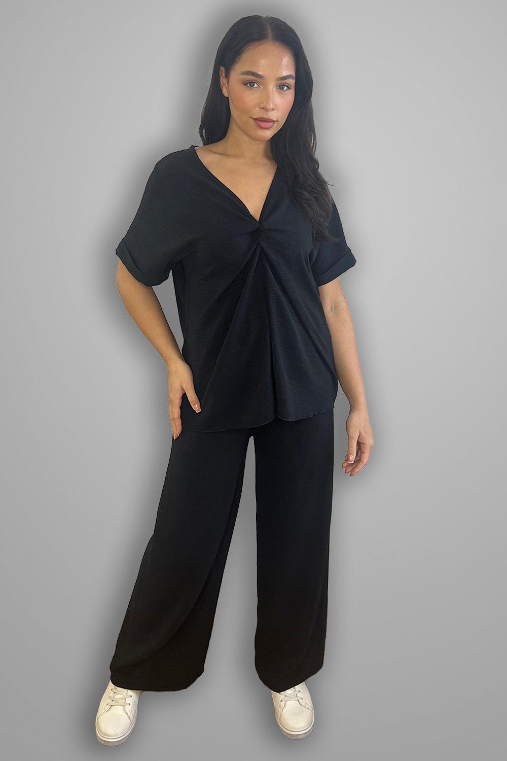 Crepe Twisted Neckline Comfy Fit Tunic And Trousers Set-SinglePrice