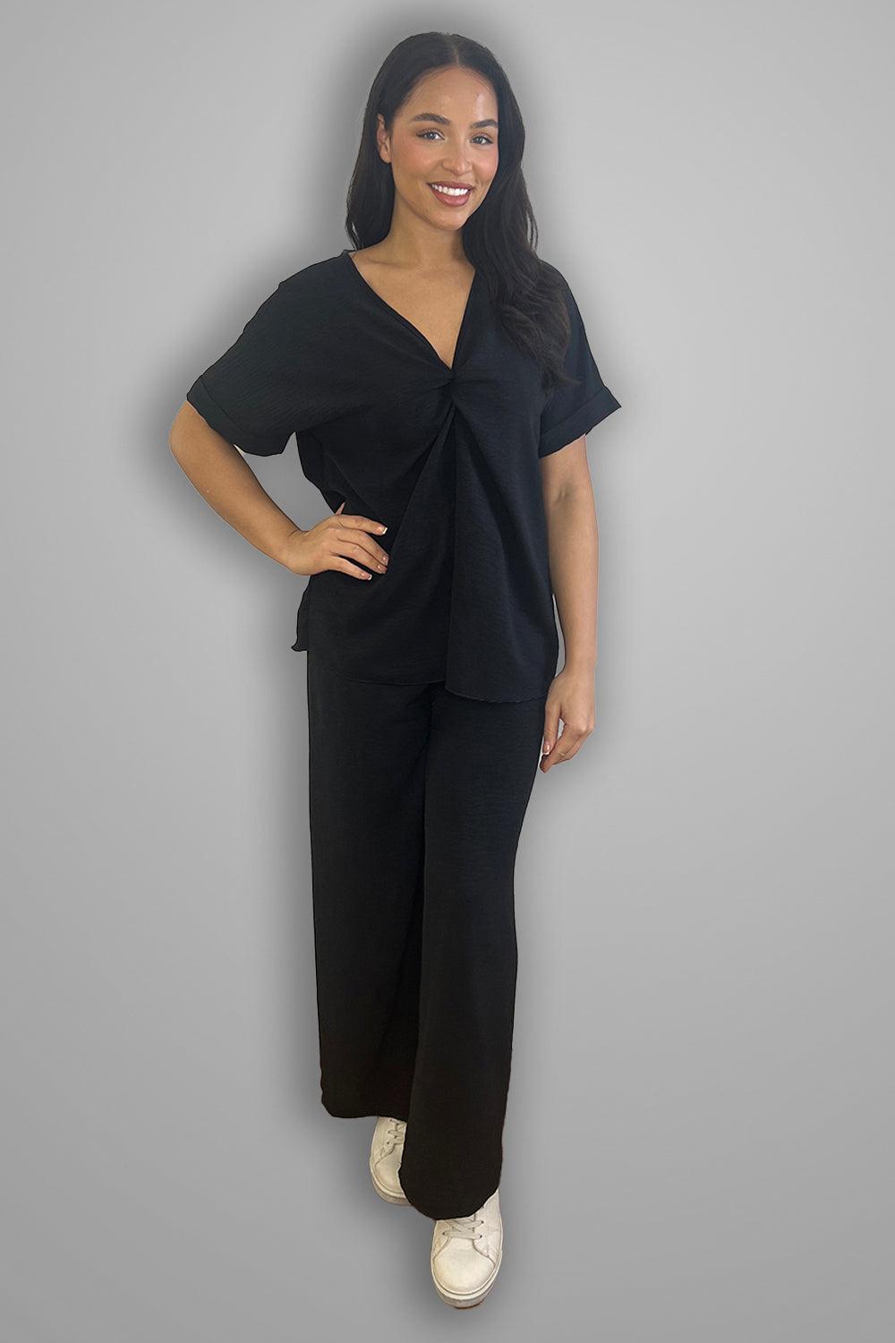 Crepe Twisted Neckline Comfy Fit Tunic And Trousers Set-SinglePrice