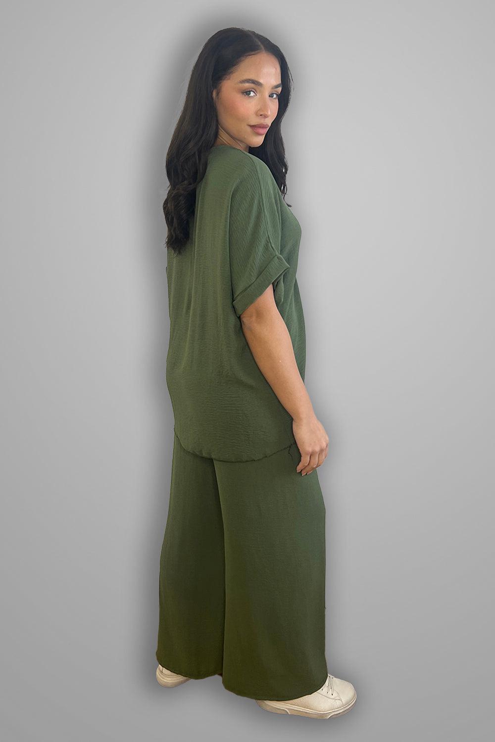Crepe Twisted Neckline Comfy Fit Tunic And Trousers Set