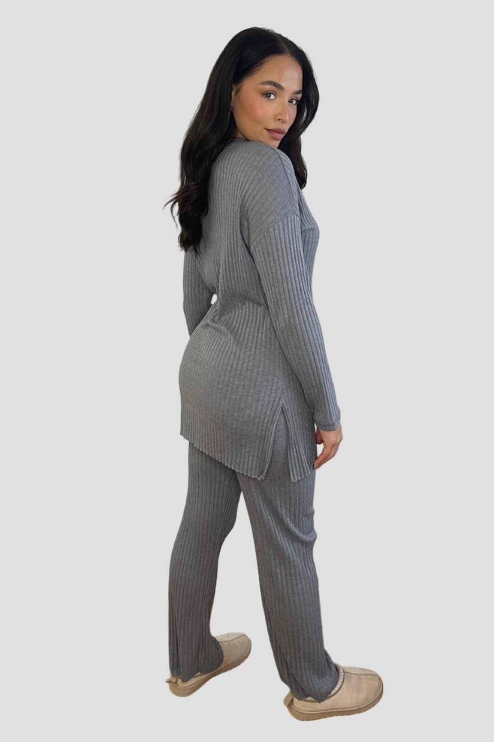 Ribbed Jersey High Neck Tunic And Trousers Set-SinglePrice