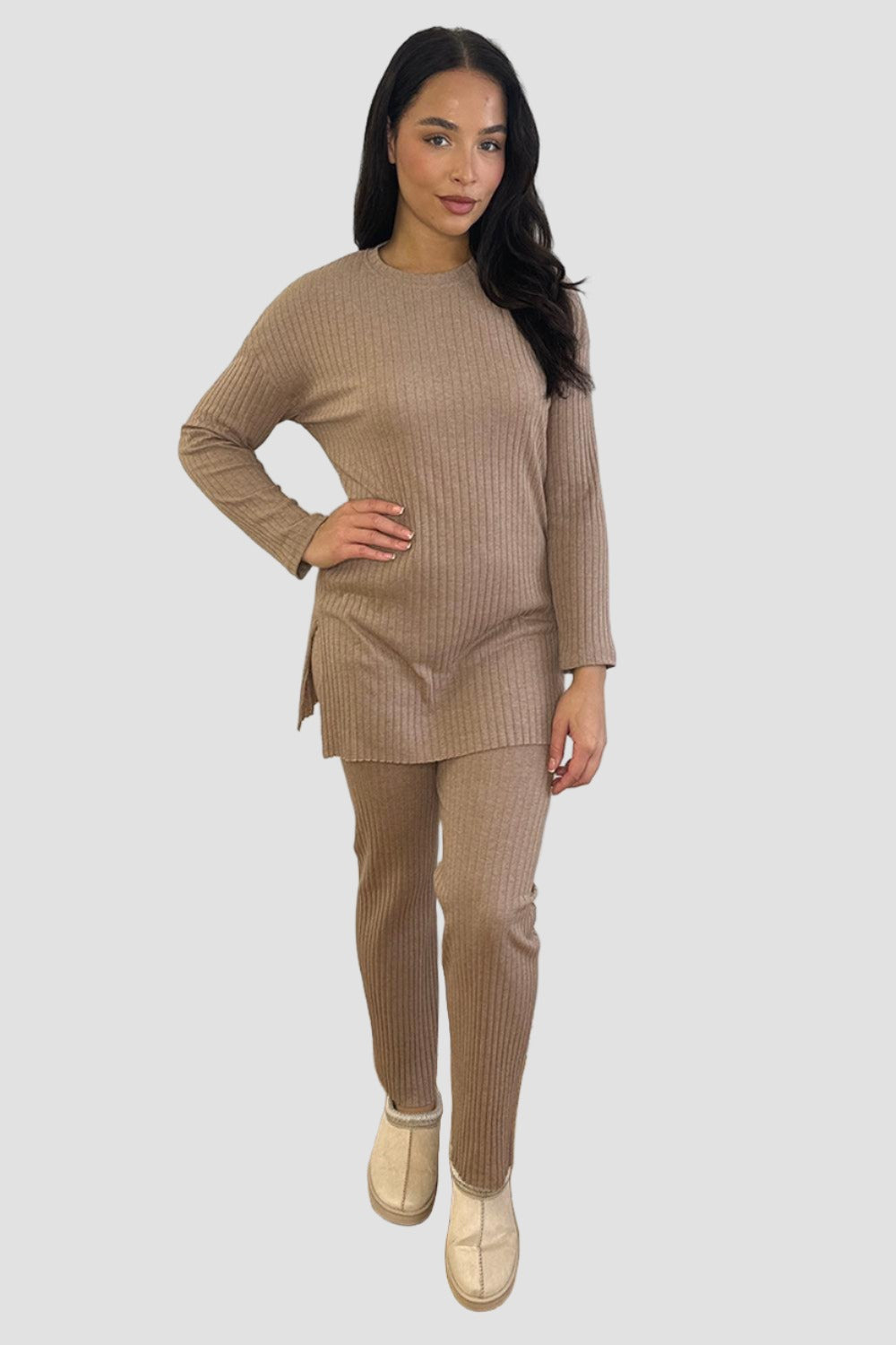 Ribbed Jersey High Neck Tunic And Trousers Set-SinglePrice