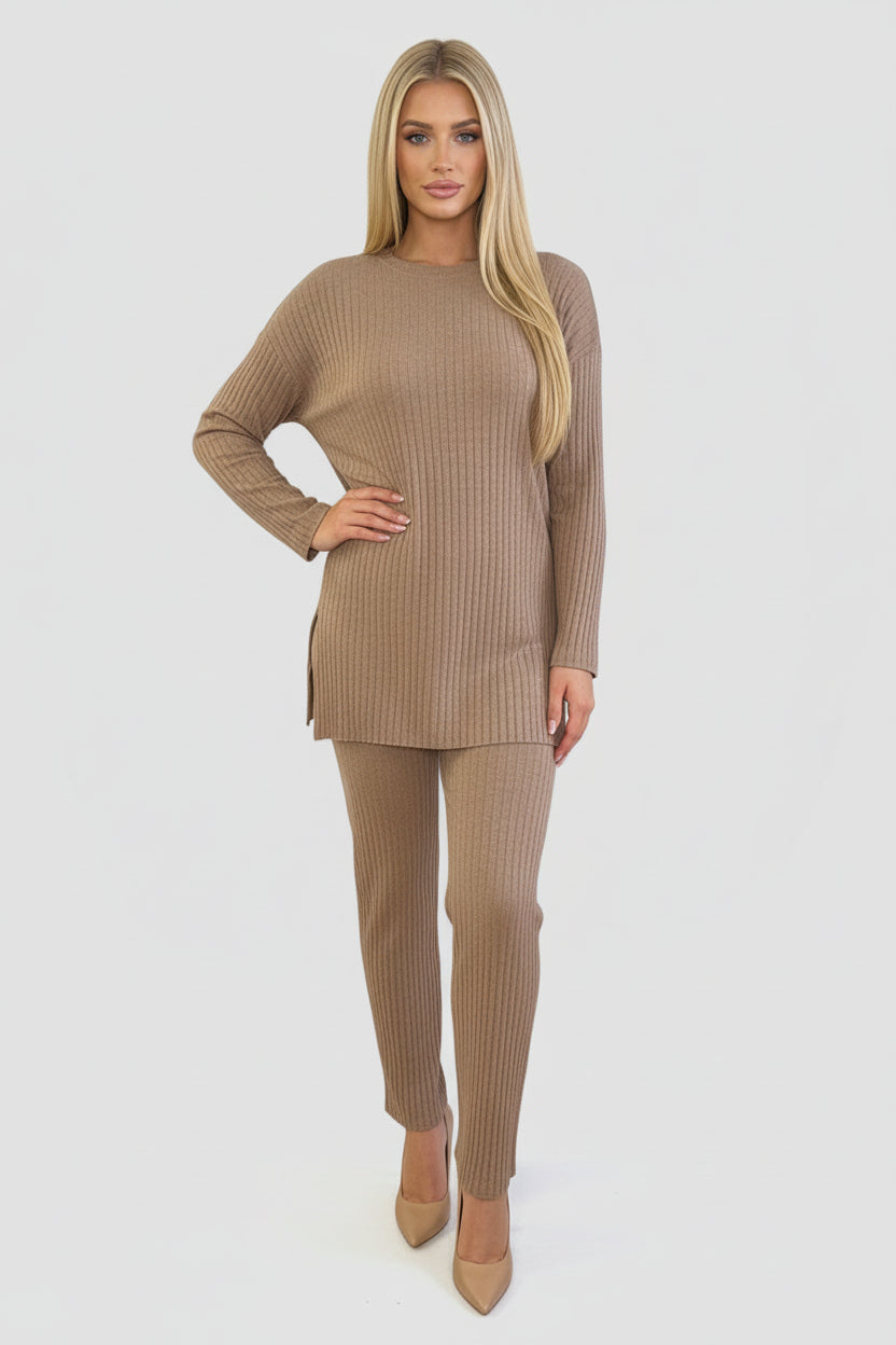 Ribbed Jersey High Neck Tunic And Trousers Set-SinglePrice