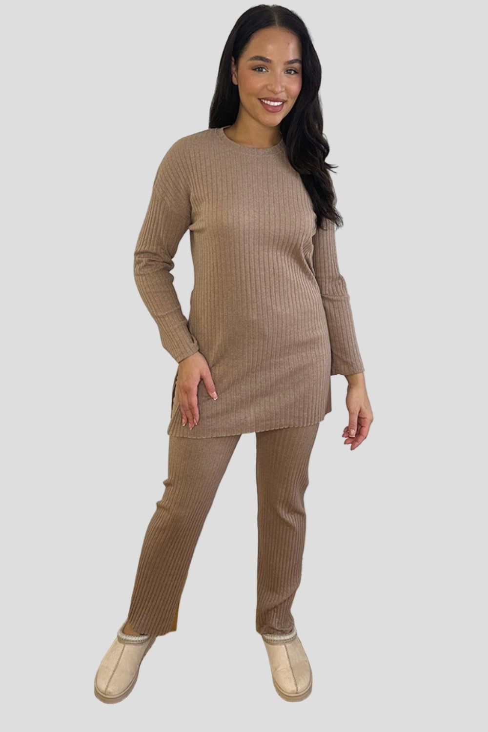 Ribbed Jersey High Neck Tunic And Trousers Set-SinglePrice